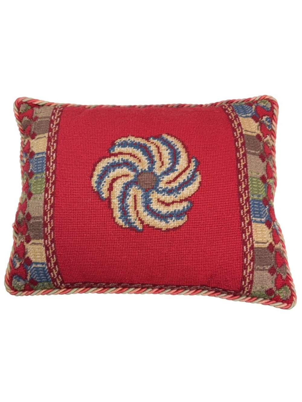 Katha Diddel Needlepoint Pillow Red Wool Cotton Floral Pinwheel 14"x10" Vintage